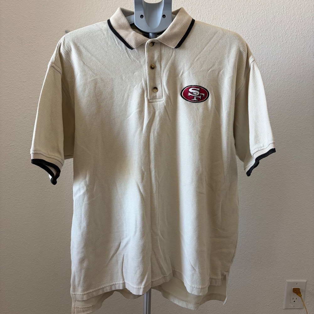 True Fan San Francisco 49ers Polo Shirt Mens Large Cream Embroidered Logo NFL
